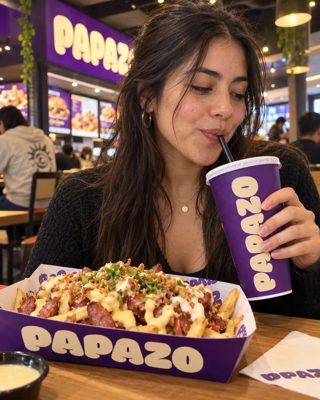 Clienta tomando de un vaso PAPAZO junto a su bandeja de salchipapa