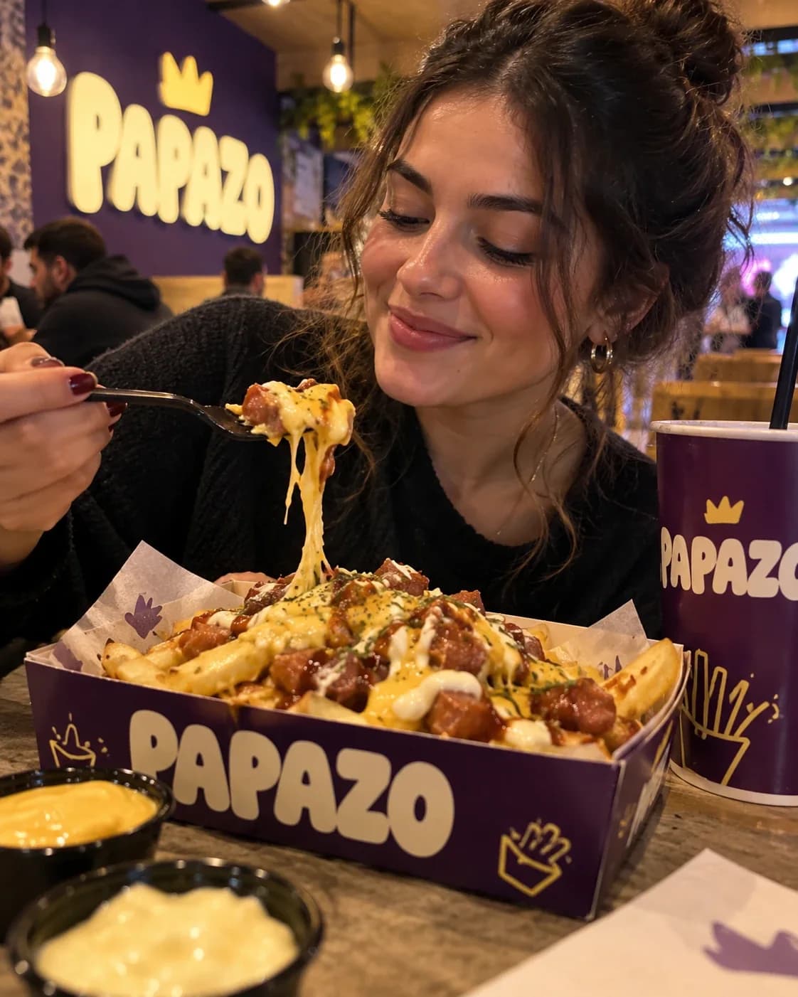 Clienta levantando papas con queso fundido junto a sus cremas de la casa