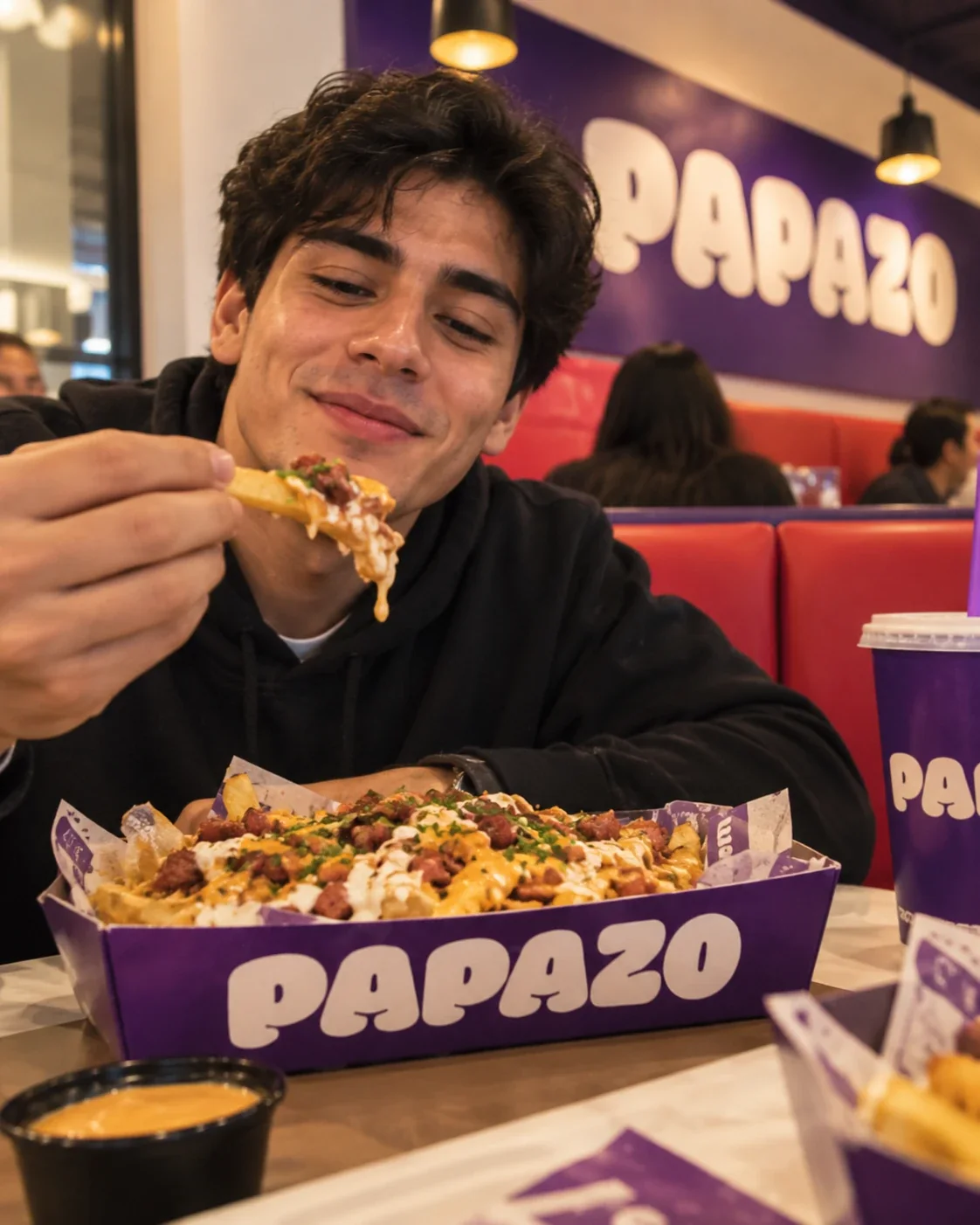 Cliente comiendo una papa con cremas frente a su bandeja PAPAZO