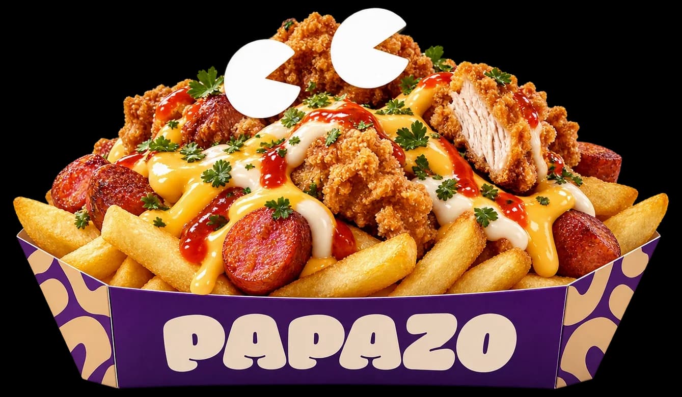 La Broaster de PAPAZO: papas, salchicha, pollo broaster crocante y cremas en su bandeja