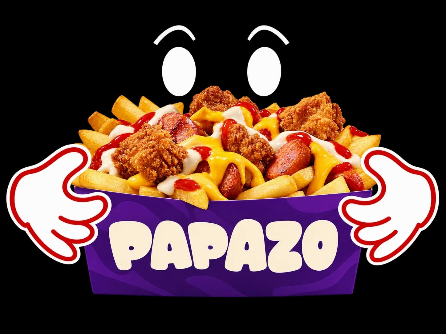 Mascota PAPAZO: bandeja de salchipapa con guantes y ojos que siguen al cursor